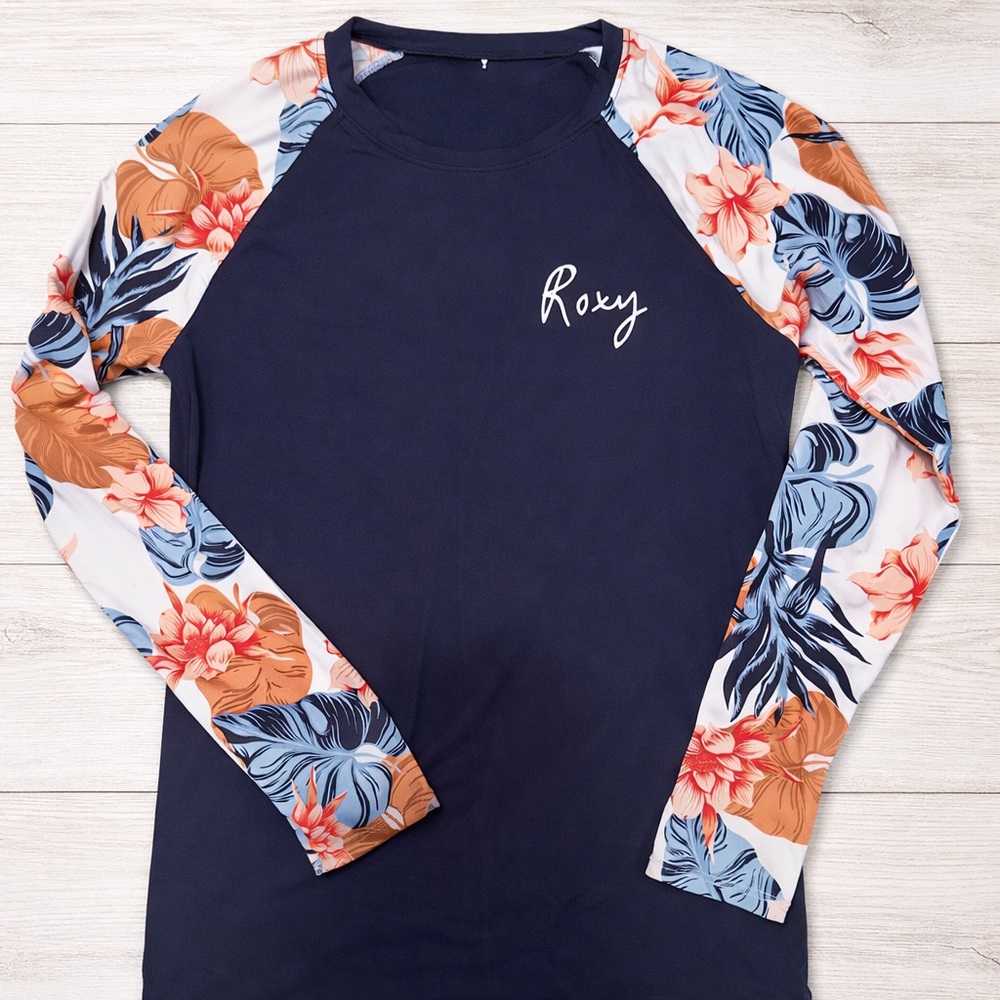 Roxy Navy Rash Guard with Coral & Sky Floral Sleeves